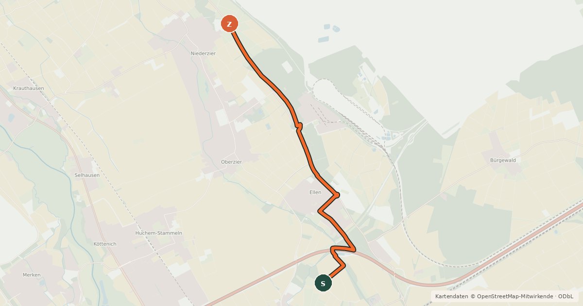 Kartenübersicht der Radroute Düren (93) - Niederzier (94)