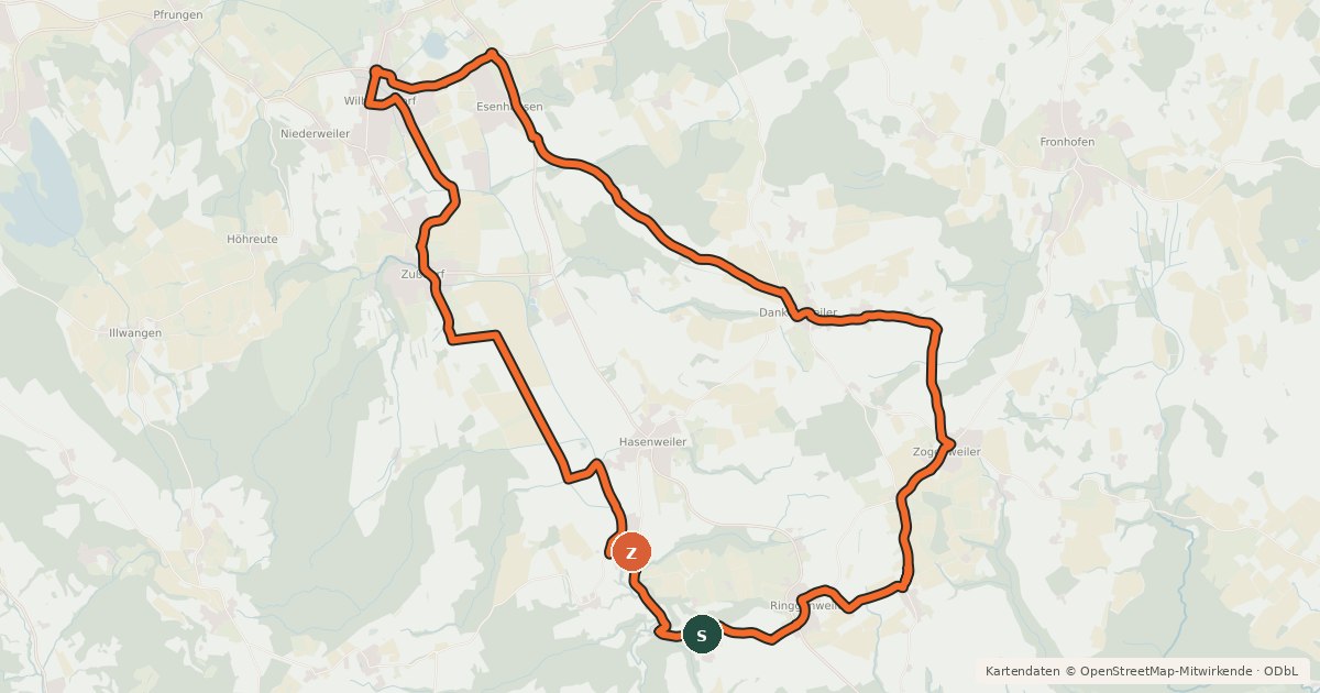 Kartenübersicht der Radroute Durchs Rotachtal und die Gemeinde Horgenzell