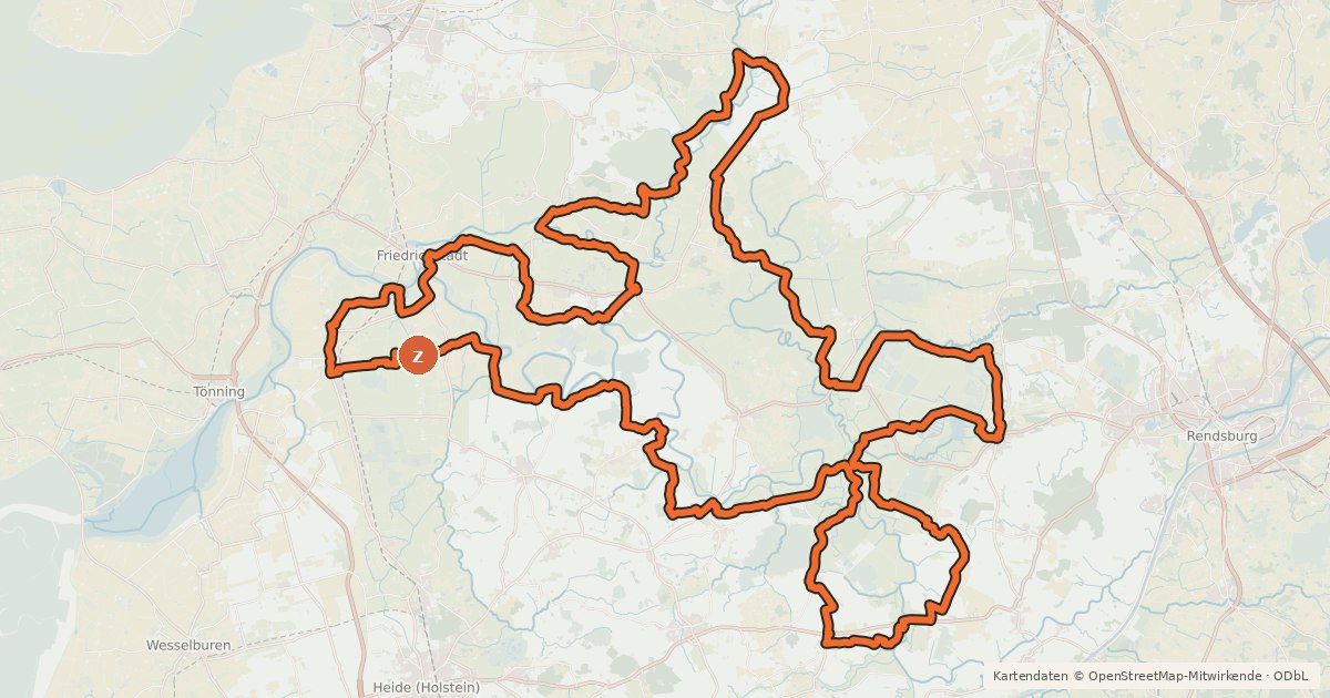 Kartenübersicht der Radroute Eider-Treene-Sorge-Radweg