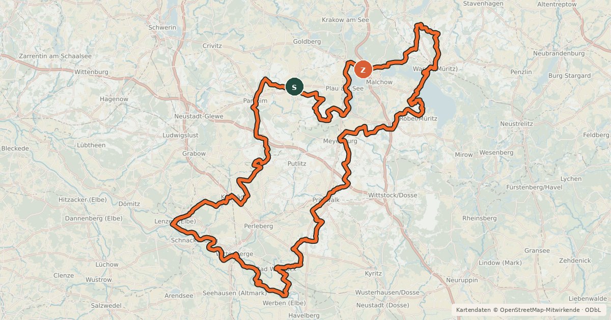 Kartenübersicht der Radroute Elbe-Müritz Rundweg