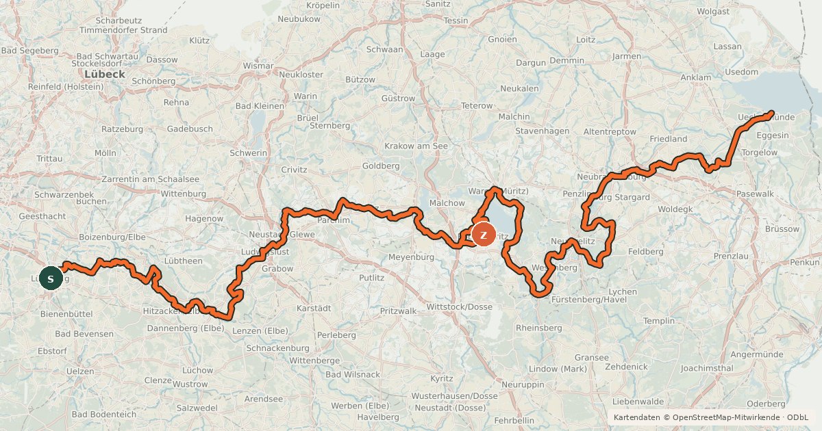 Kartenübersicht der Radroute Elbe-Oderhaff Radweg
