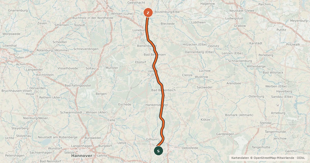 Kartenübersicht der Radroute Elbe-Seitenkanal, Ostufer