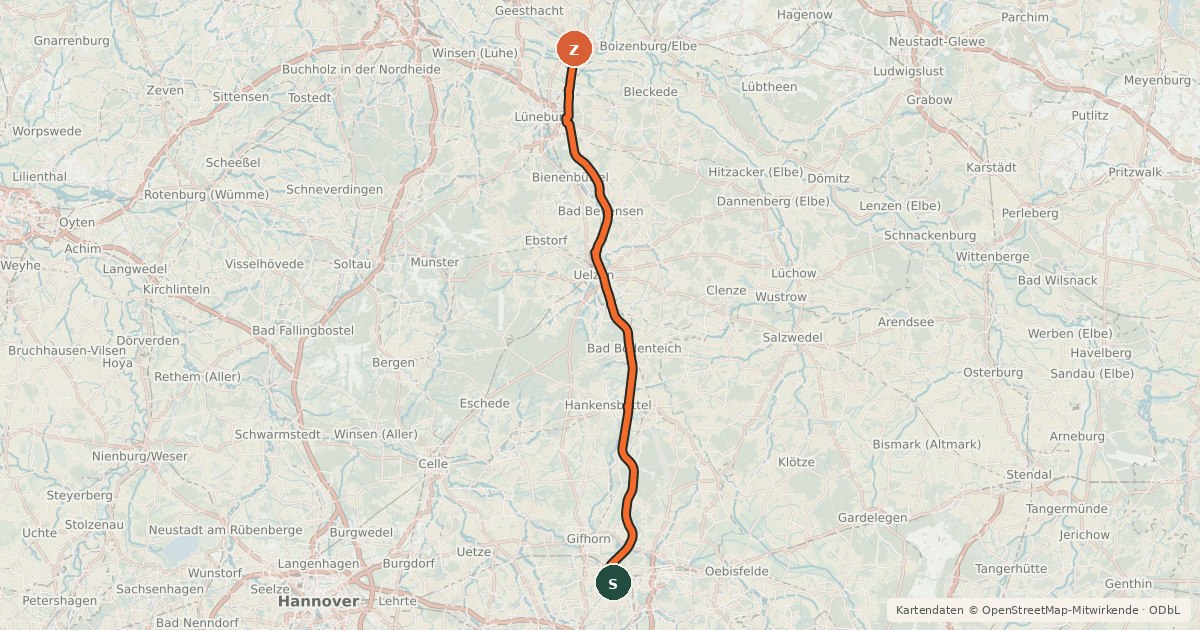 Kartenübersicht der Radroute Elbe-Seitenkanal, Westufer