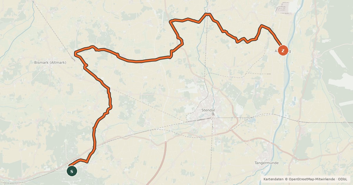 Kartenübersicht der Radroute Elbe-Uchte-Radweg