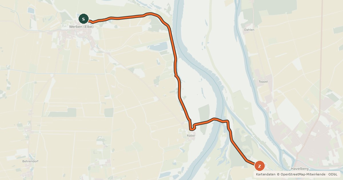 Kartenübersicht der Radroute Elberadweg Querung Werben–Havelberg