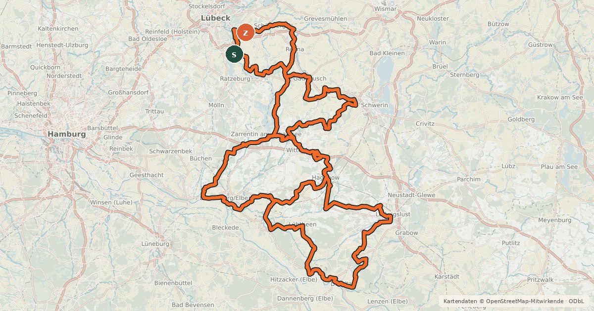 Kartenübersicht der Radroute Elbetal-Schaalsee Rundweg