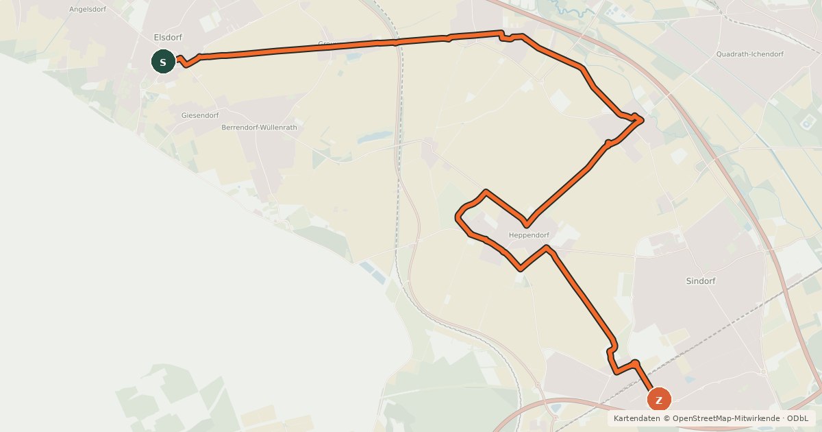 Kartenübersicht der Radroute Elsdorf (18) - Kerpen (44)