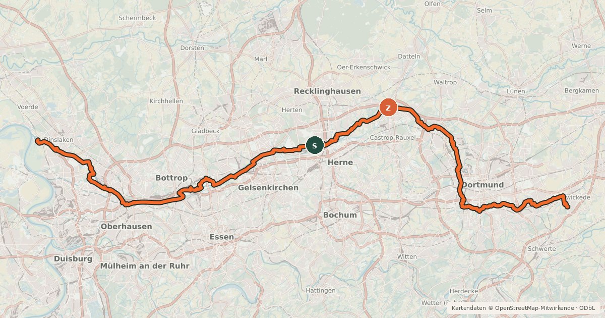 Kartenübersicht der Radroute Emscher-Weg