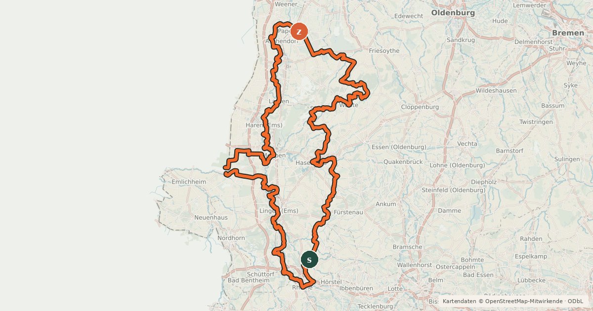 Kartenübersicht der Radroute Emslandroute