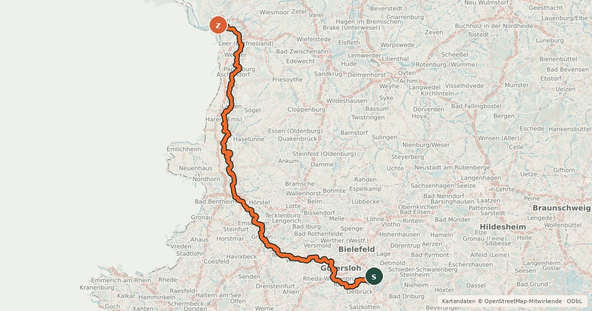 Kartenübersicht der Radroute EmsRadweg