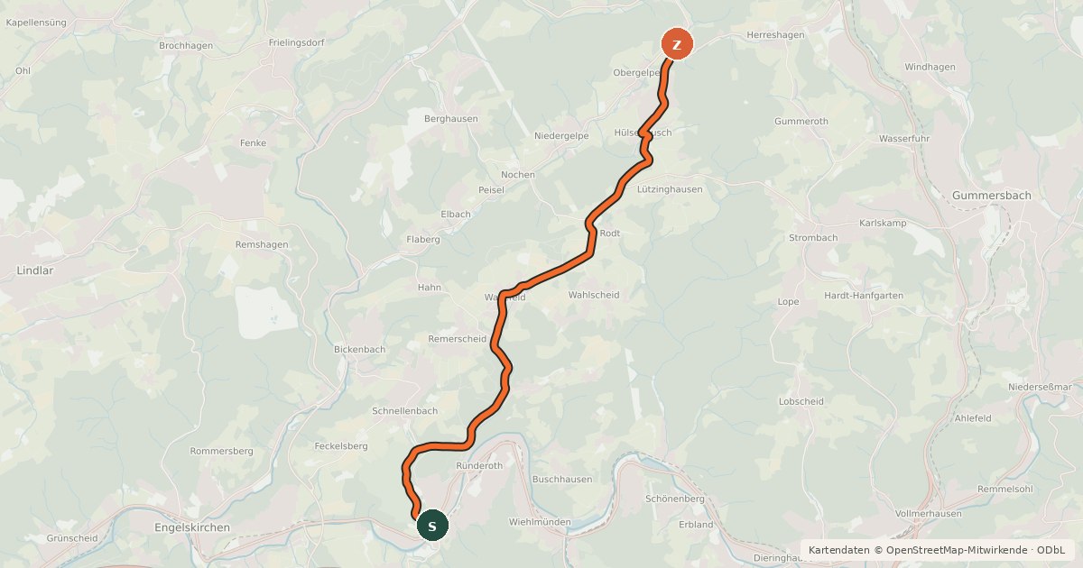 Kartenübersicht der Radroute Engelskirchen (43) - Gummersbach (45)