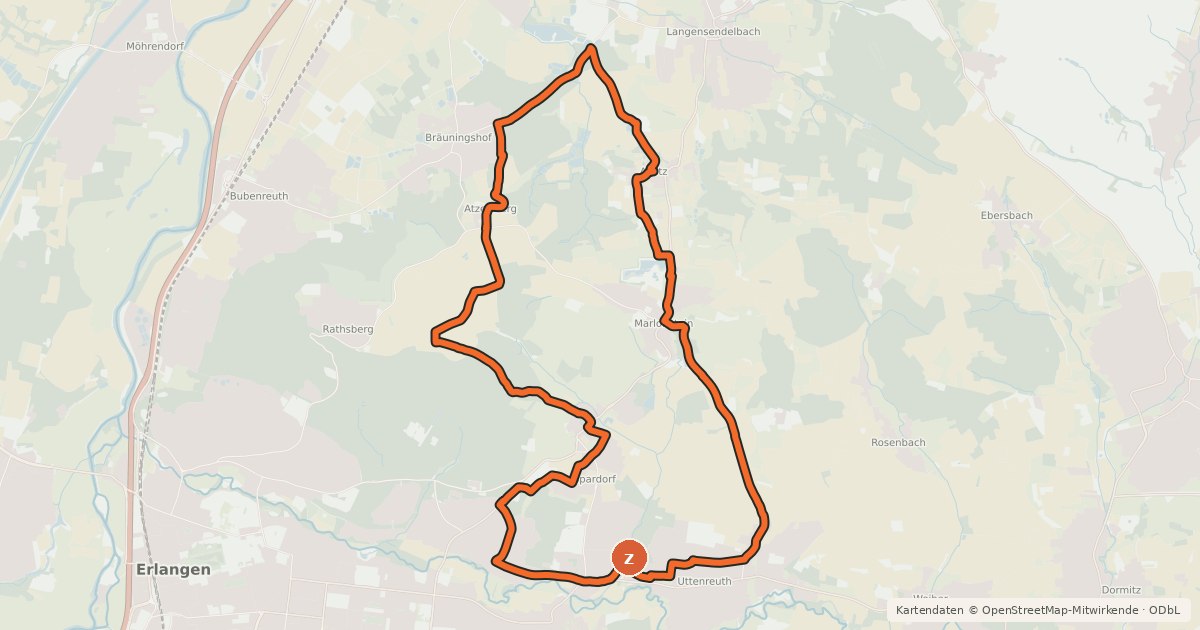Kartenübersicht der Radroute ERH7 Radrundweg