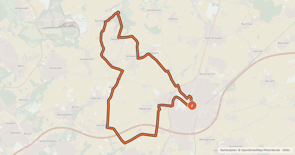 Kartenübersicht der Radroute Erkelenz - Erlebnisse mit dem Rad - Schloss- und Klosterroute