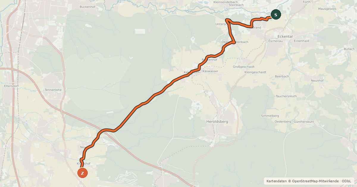 Kartenübersicht der Radroute Erlangen-Höchstadt Radfernwanderweg D