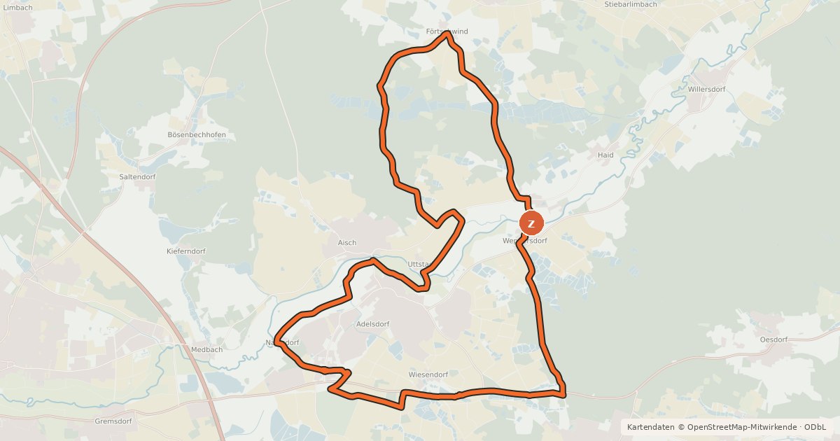 Kartenübersicht der Radroute Erlangen-Höchstadt Radrundwanderweg 3