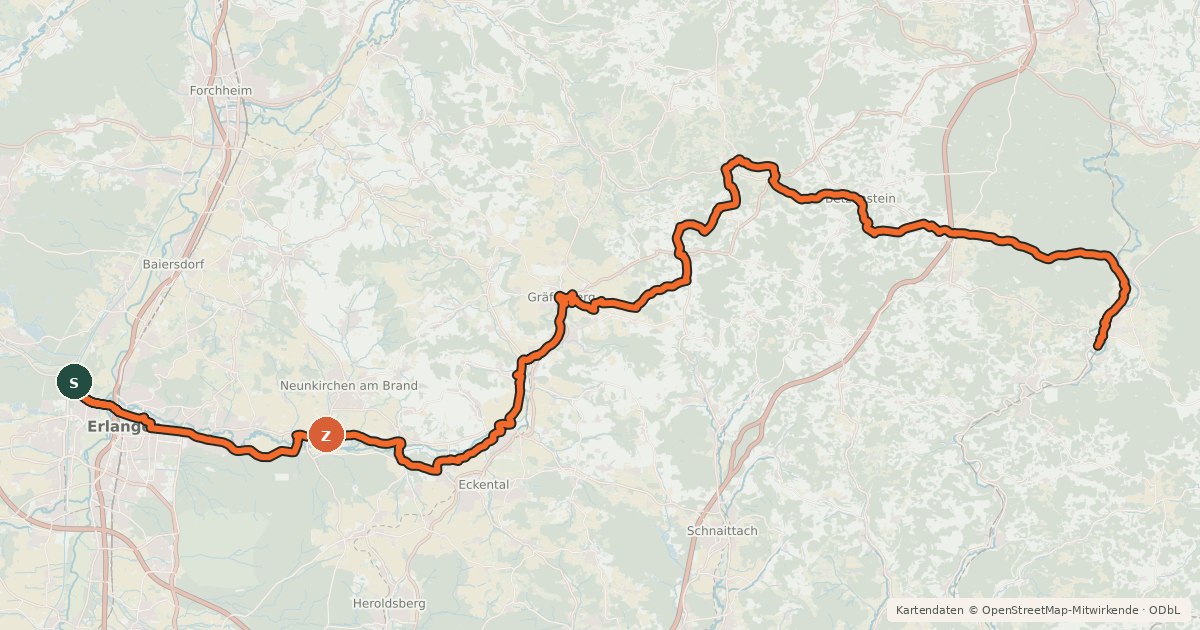 Kartenübersicht der Radroute Erlangen-Pegnitztal-Radweg