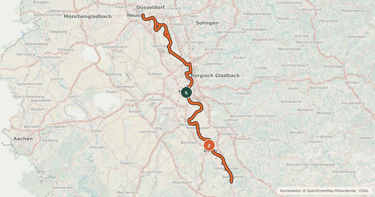 Kartenübersicht der Radroute Erlebnisweg Rheinschiene (Ost (Süd))