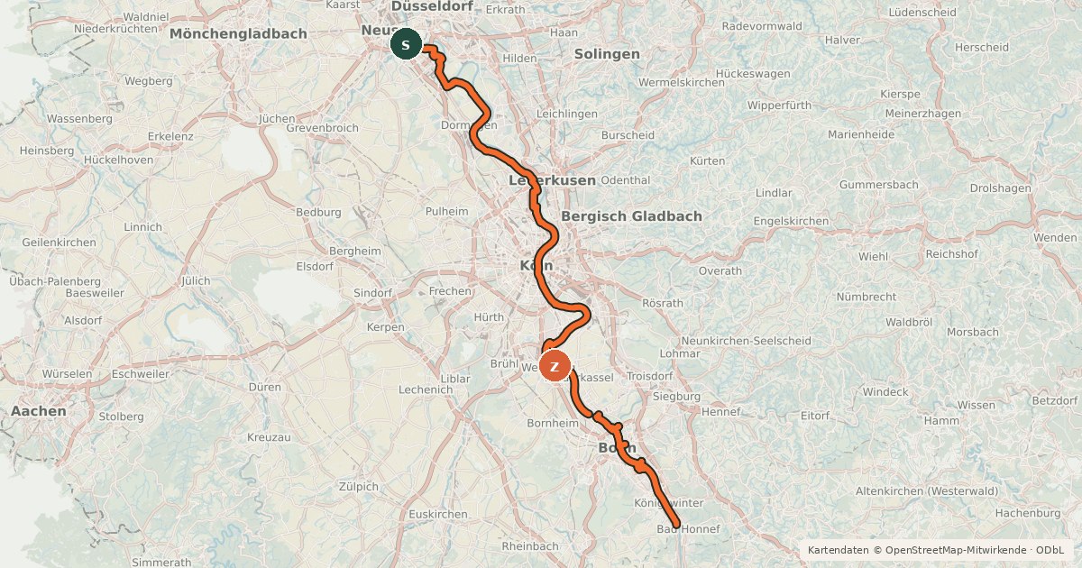 Kartenübersicht der Radroute Erlebnisweg Rheinschiene (West (Süd))