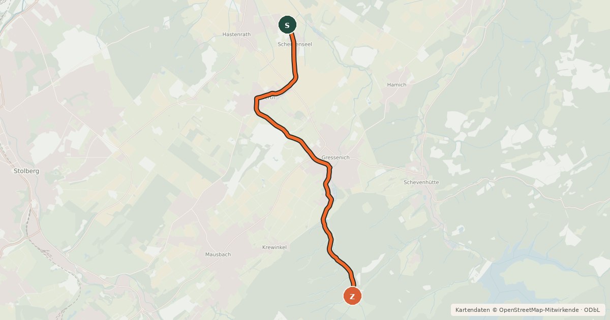 Kartenübersicht der Radroute Eschweiler (89) - Stolberg (96)