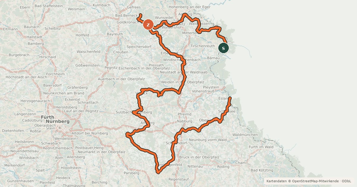 Kartenübersicht der Radroute Euregio-Egrensis-Radfernweg Bayern-Böhmen