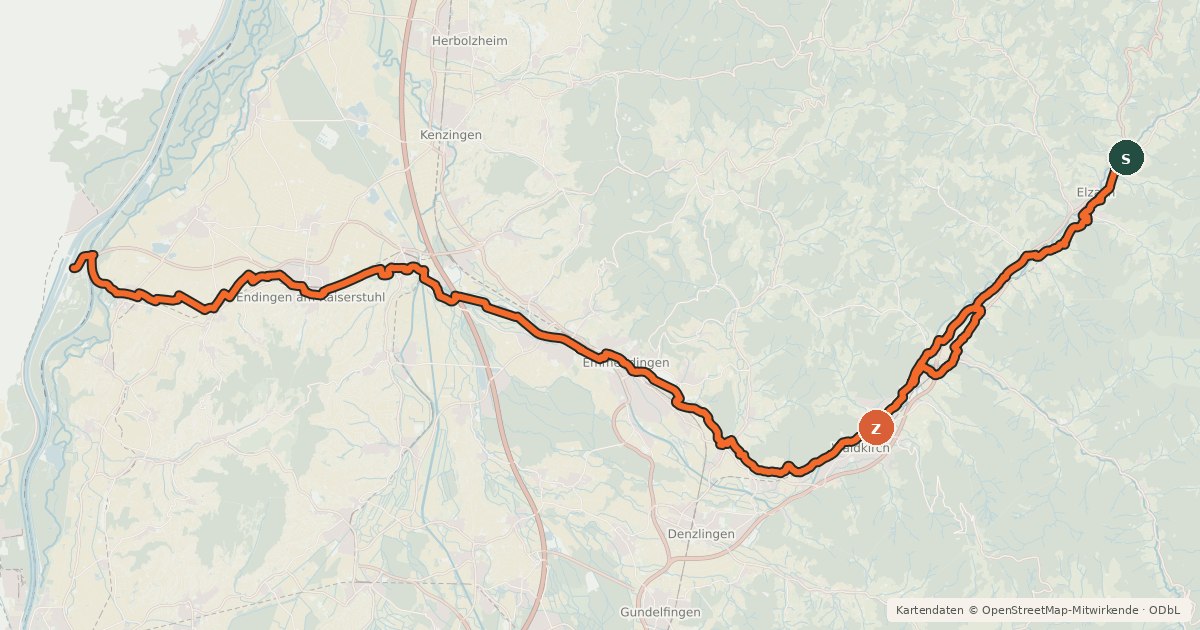 Kartenübersicht der Radroute Europäischer Radwanderweg Elzach - Villé