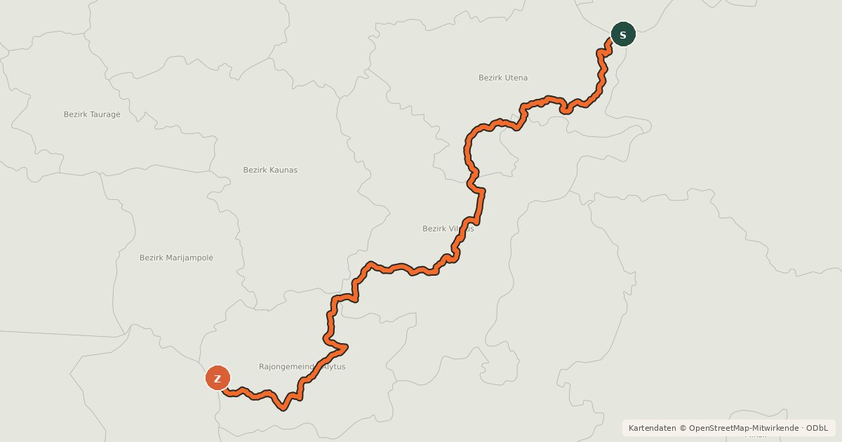Kartenübersicht der Radroute EuroVelo 11 - East Europe Route - part Lithuania