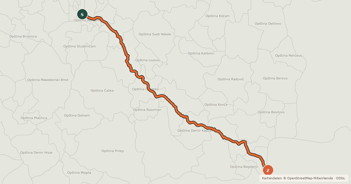 Kartenübersicht der Radroute EuroVelo 11 - East Europe Route - part North Macedonia