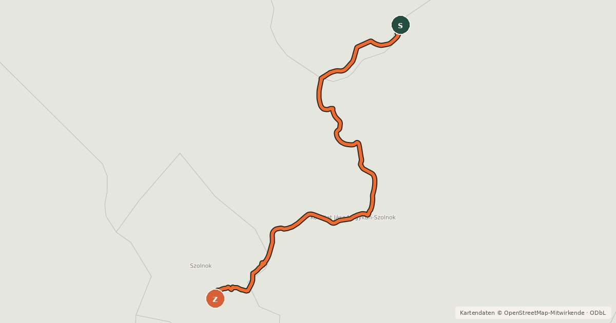Kartenübersicht der Radroute EuroVelo 11 - Kelet-európai útvonal - Magyarországi szakasz - Kisköre–Szolnok