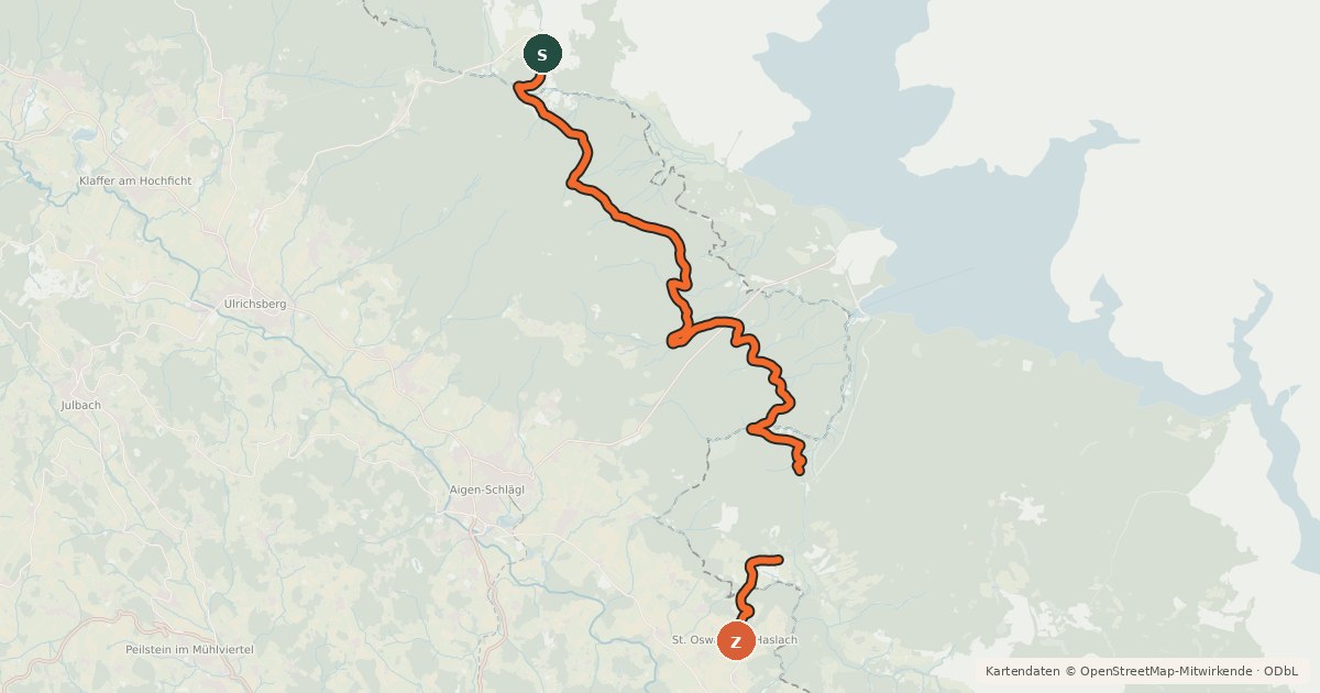 Kartenübersicht der Radroute EuroVelo 13 - Eiserner-Vorhang-Route [AT|CZ]_1 (Říjiště - Aigen-Schlägl)