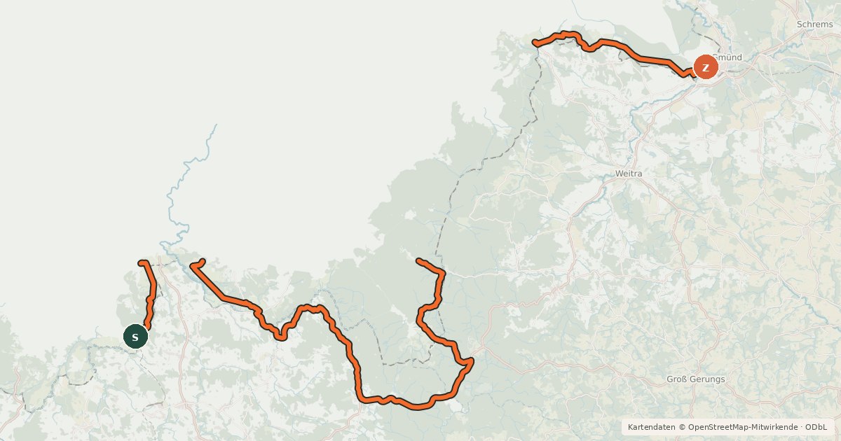 Kartenübersicht der Radroute EuroVelo 13 - Iron Curtain Trail [AT|CZ]_3 (Český Heršlák - Gmünd)