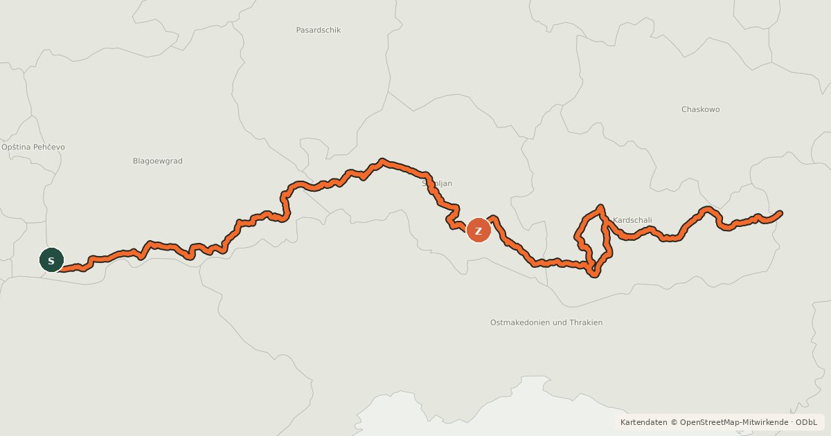 Kartenübersicht der Radroute EuroVelo 13 - Iron Curtain Trail - part Bulgaria South