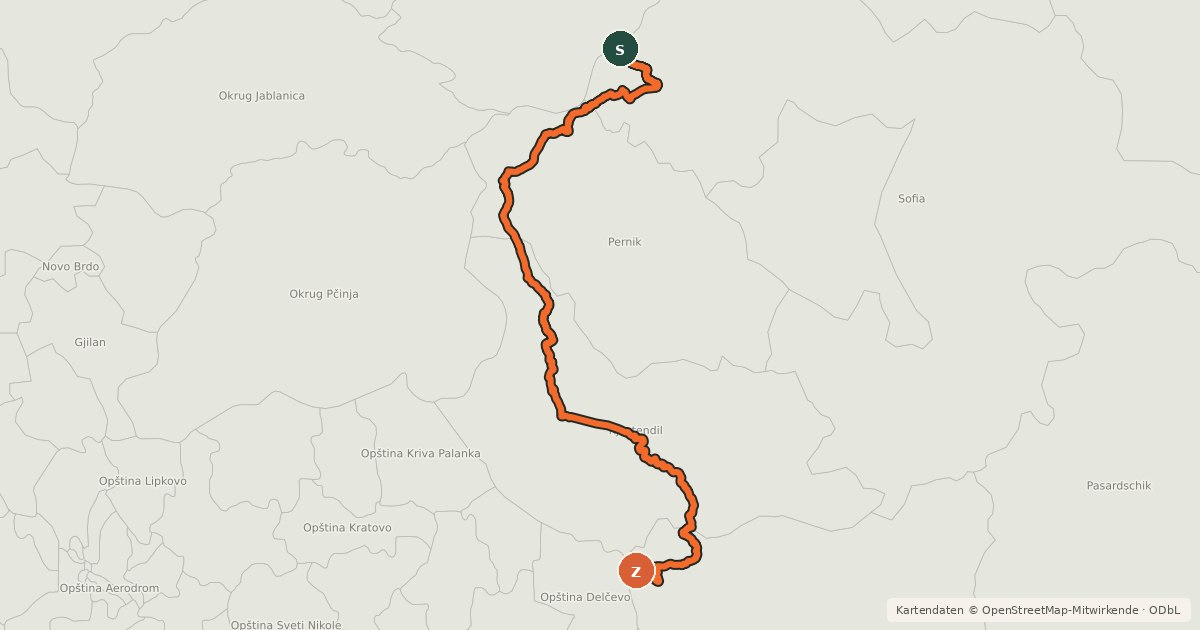 Kartenübersicht der Radroute EuroVelo 13 - Iron Curtain Trail - part Bulgaria West
