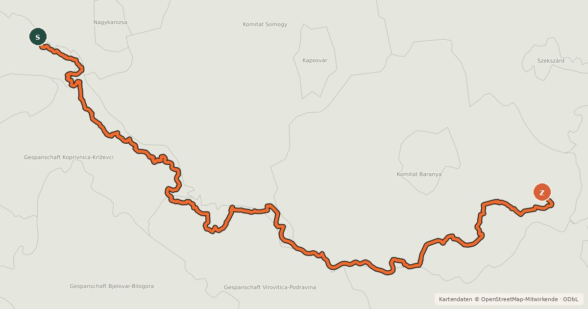 Kartenübersicht der Radroute EuroVelo 13 - Iron Curtain Trail - part Croatia/Hungary