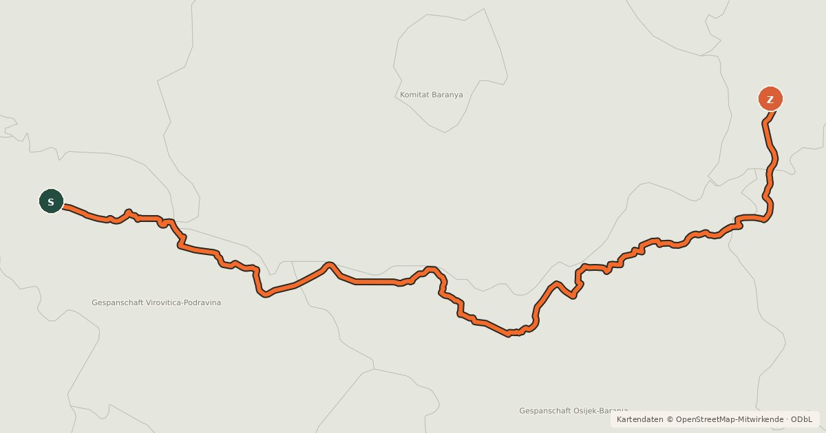 Kartenübersicht der Radroute EuroVelo 13 - Iron Curtain Trail - part Croatia/Serbia/Hungary - alternative route