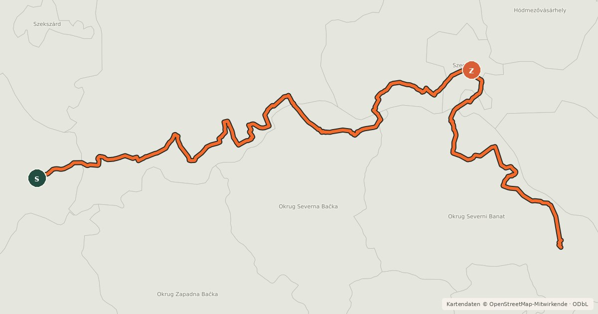 Kartenübersicht der Radroute EuroVelo 13 - Iron Curtain Trail - part Hungary/Serbia