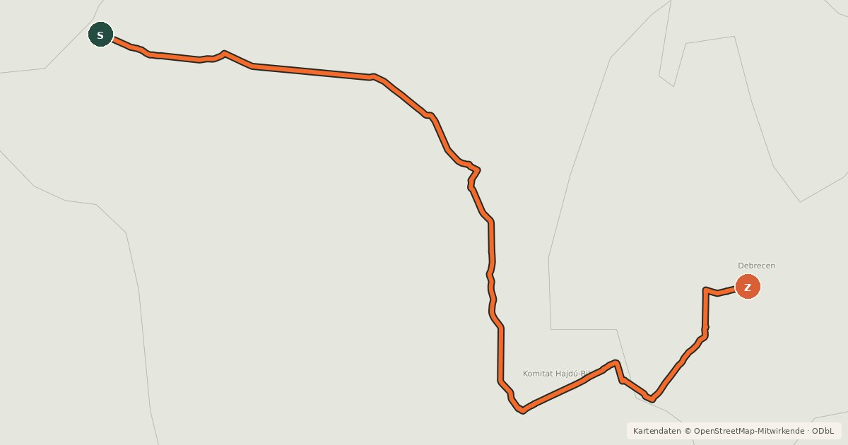 Kartenübersicht der Radroute EuroVelo 14 - Hungary – Tiszacsege–Debrecen
