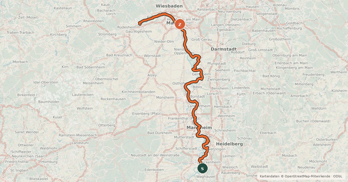 Kartenübersicht der Radroute EuroVelo 15 - Rheinradweg - Ingelheim–Grenze Rhein-Neckar-Kreis/Landkreis Karlsruhe