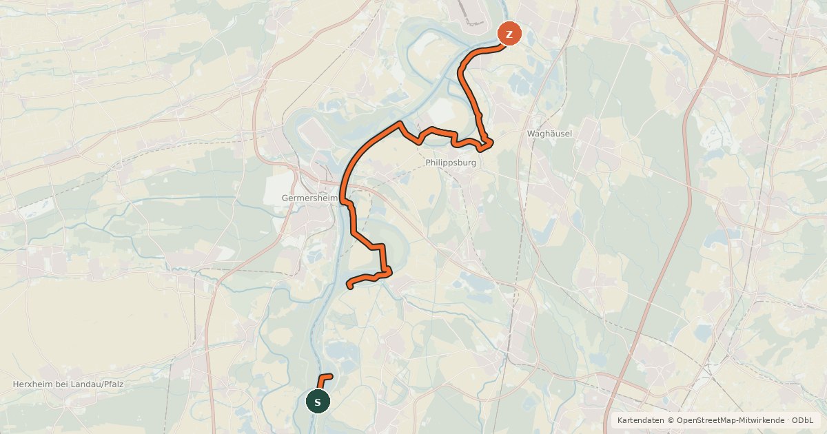 Kartenübersicht der Radroute EuroVelo 15 - Rheinradweg - Landkreis Karlsruhe