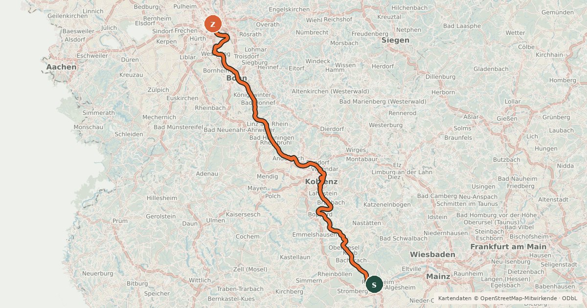 Kartenübersicht der Radroute EuroVelo 15 - Rheinradweg - Teilstrecke Bingen - Köln