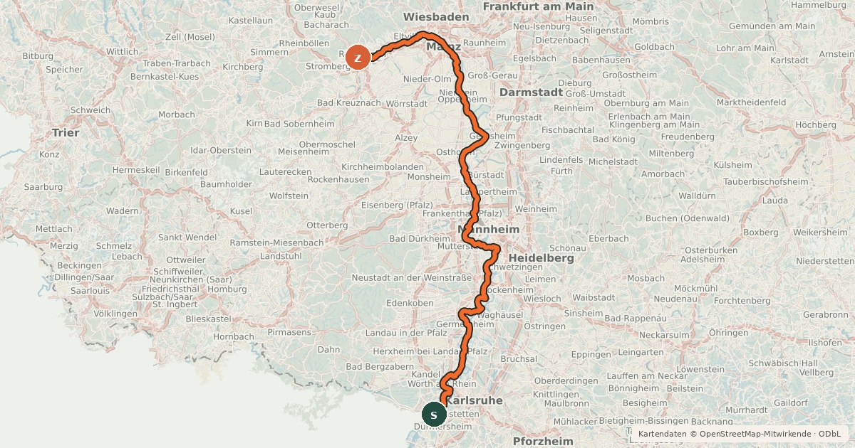 Kartenübersicht der Radroute EuroVelo 15 - Rheinradweg - Teilstrecke Grenze Frankreich - Bingen