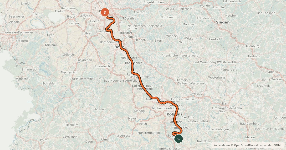 Kartenübersicht der Radroute EuroVelo 15 - Rheinradweg - Teilstrecke Kamp-Bornhofen - Köln