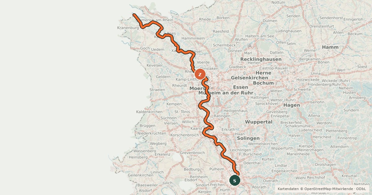 Kartenübersicht der Radroute EuroVelo 15 - Rheinradweg - Teilstrecke Köln - Grenze Niederlande