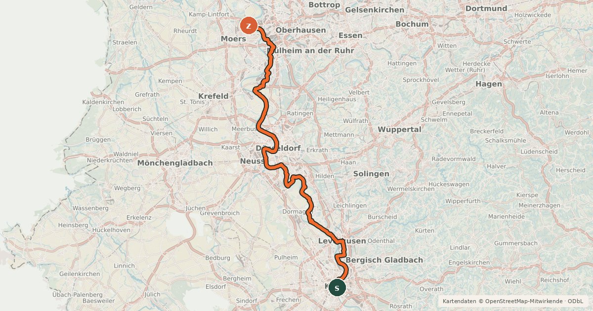 Kartenübersicht der Radroute EuroVelo 15 - Rheinradweg - Teilstrecke Köln - Moers