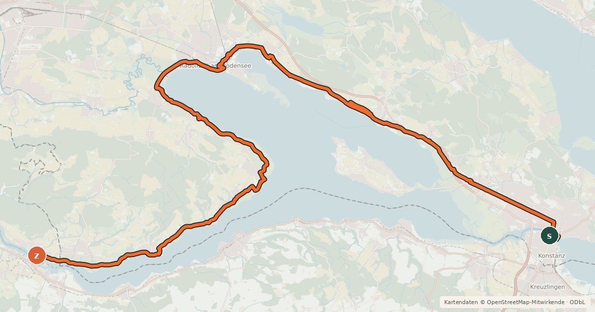Kartenübersicht der Radroute EuroVelo 15 - Rheinradweg - Teilstrecke Konstanz - Stein am Rhein