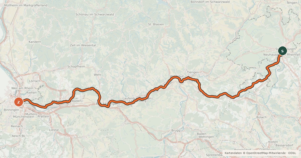 Kartenübersicht der Radroute EuroVelo 15 - Rheinradweg - Teilstrecke Schaffhausen - Basel
