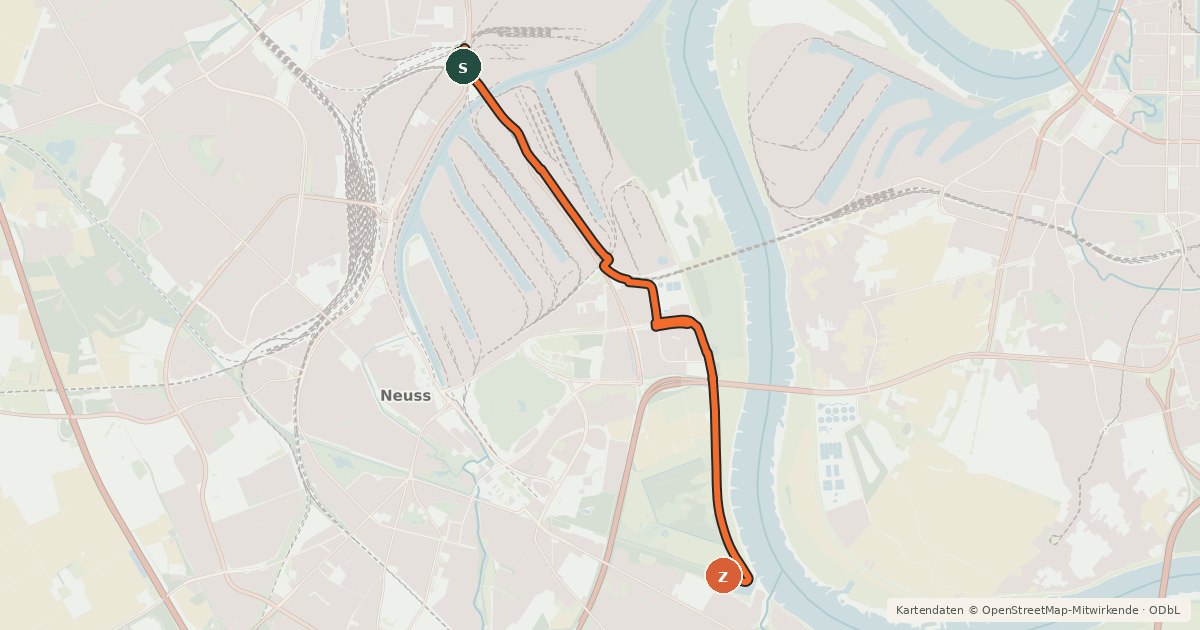Kartenübersicht der Radroute EuroVelo 15 - Rheinradweg - Variante Neuss Hafen
