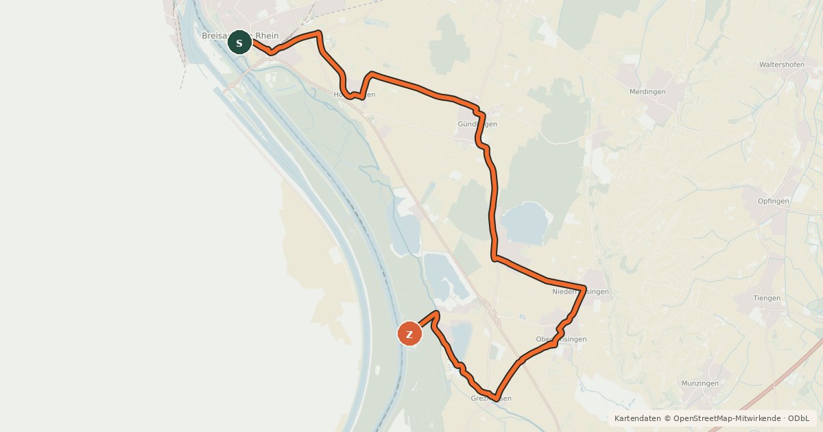 Kartenübersicht der Radroute EuroVelo 15 - Rheinradweg - Variante Tuniberg