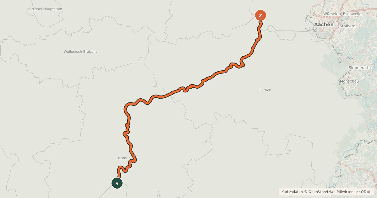Kartenübersicht der Radroute EuroVelo 19 - La Meuse à Vélo - Tronçon Belgique