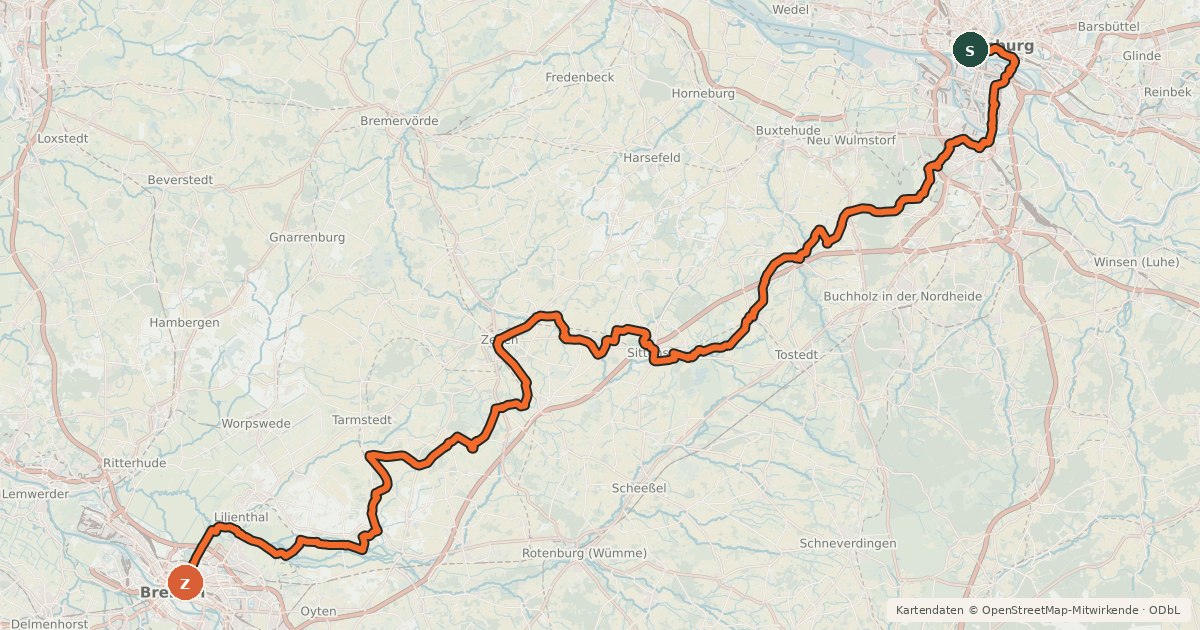 Kartenübersicht der Radroute EuroVelo 3 - Pilgrim's Route - part Germany #3 Radfernweg Hamburg-Bremen