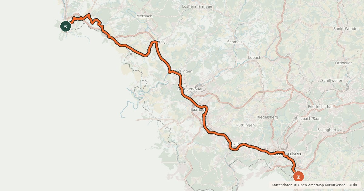 Kartenübersicht der Radroute EuroVelo 5 - Via Romea Francigena - part Germany 1